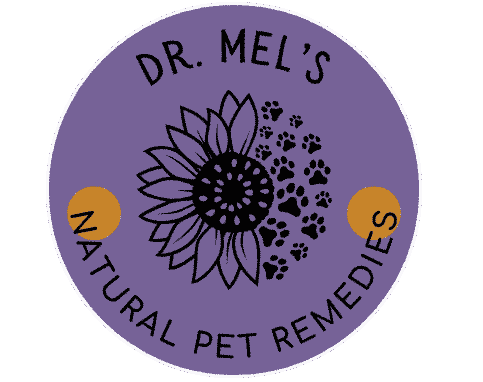 Logo Text: Dr. Mel's Natural Remedies . This logo is a purple circle with art of a flower in the middle. Half the flower is petals and half is paw prints.
